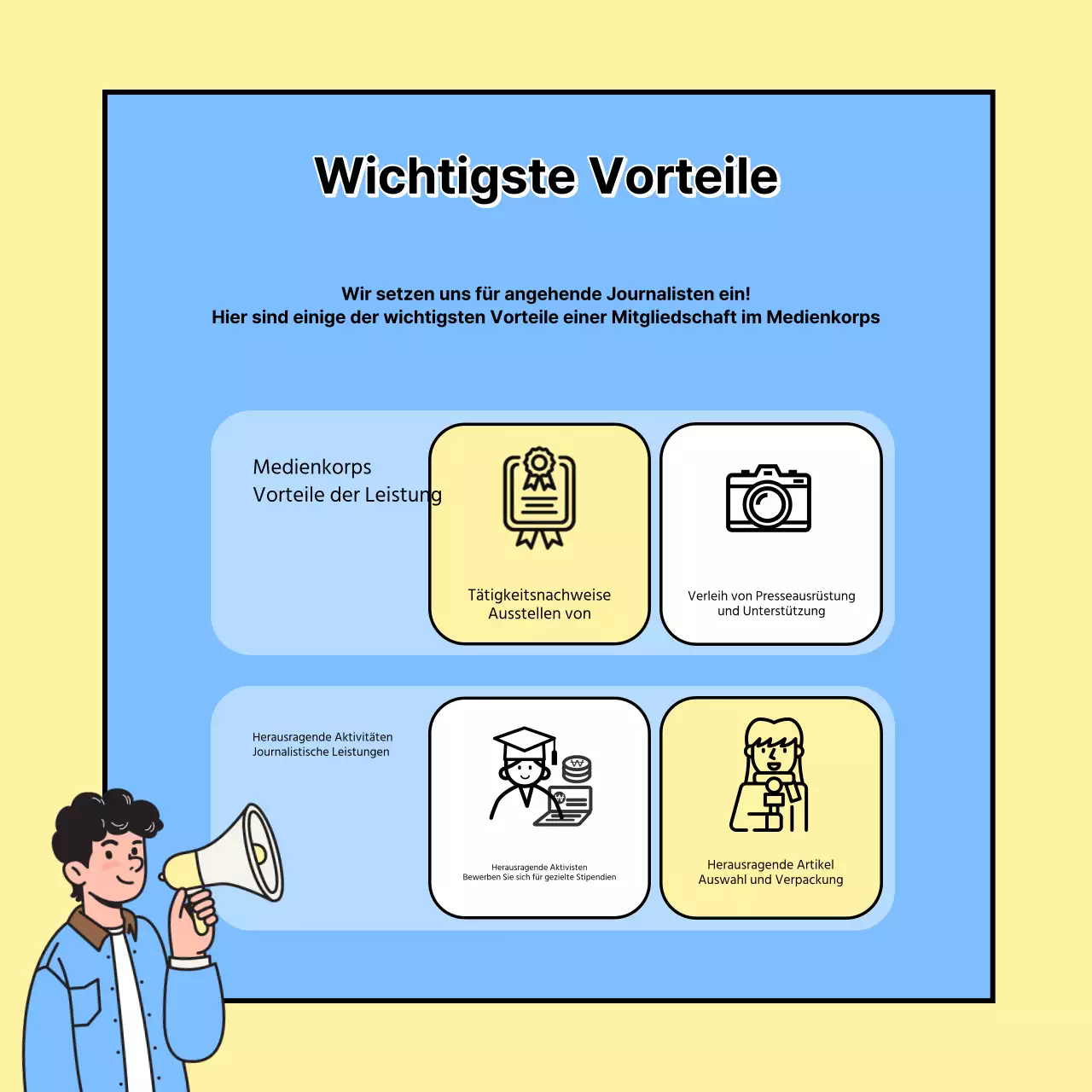 Förderung der Rekrutierung eines gelben und hellblauen College-Journalisten-Teams