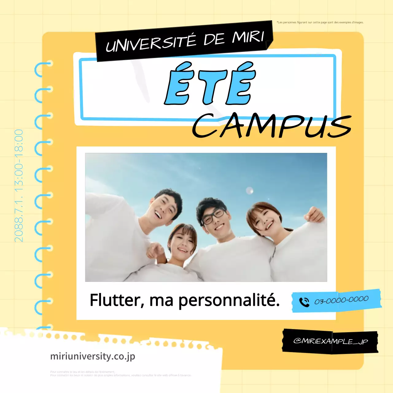 Promotion d'un événement de campus ouvert d'une université à la mode, en jaune et bleu clair.