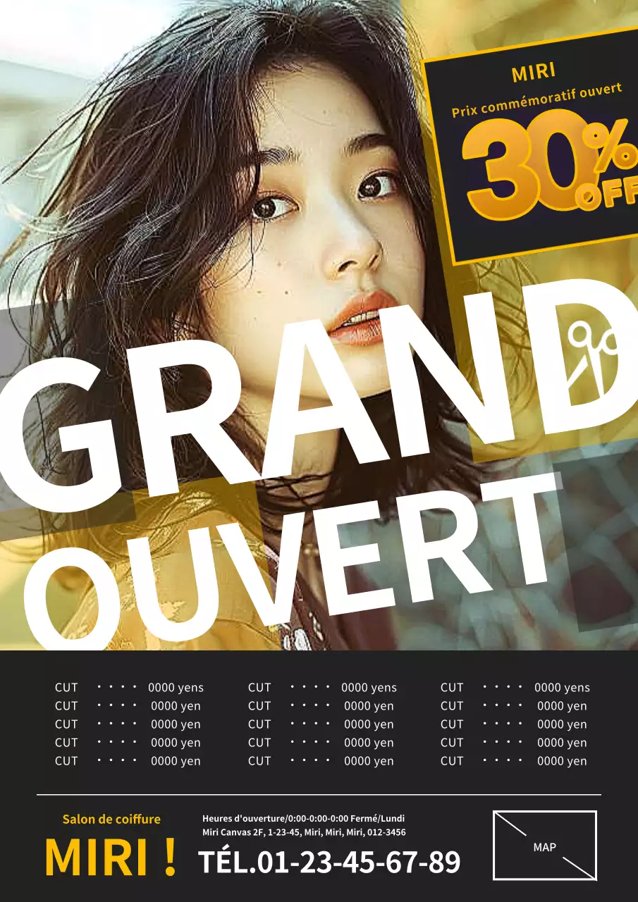 Publicité pour un salon de coiffure géométrique moderne, jaune et noir