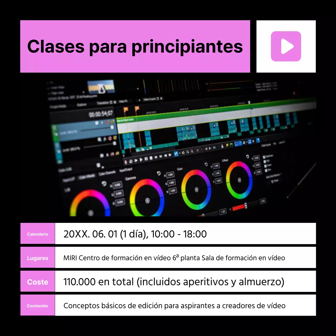 Promociona tu curso de edición de vídeo en rosa y azul