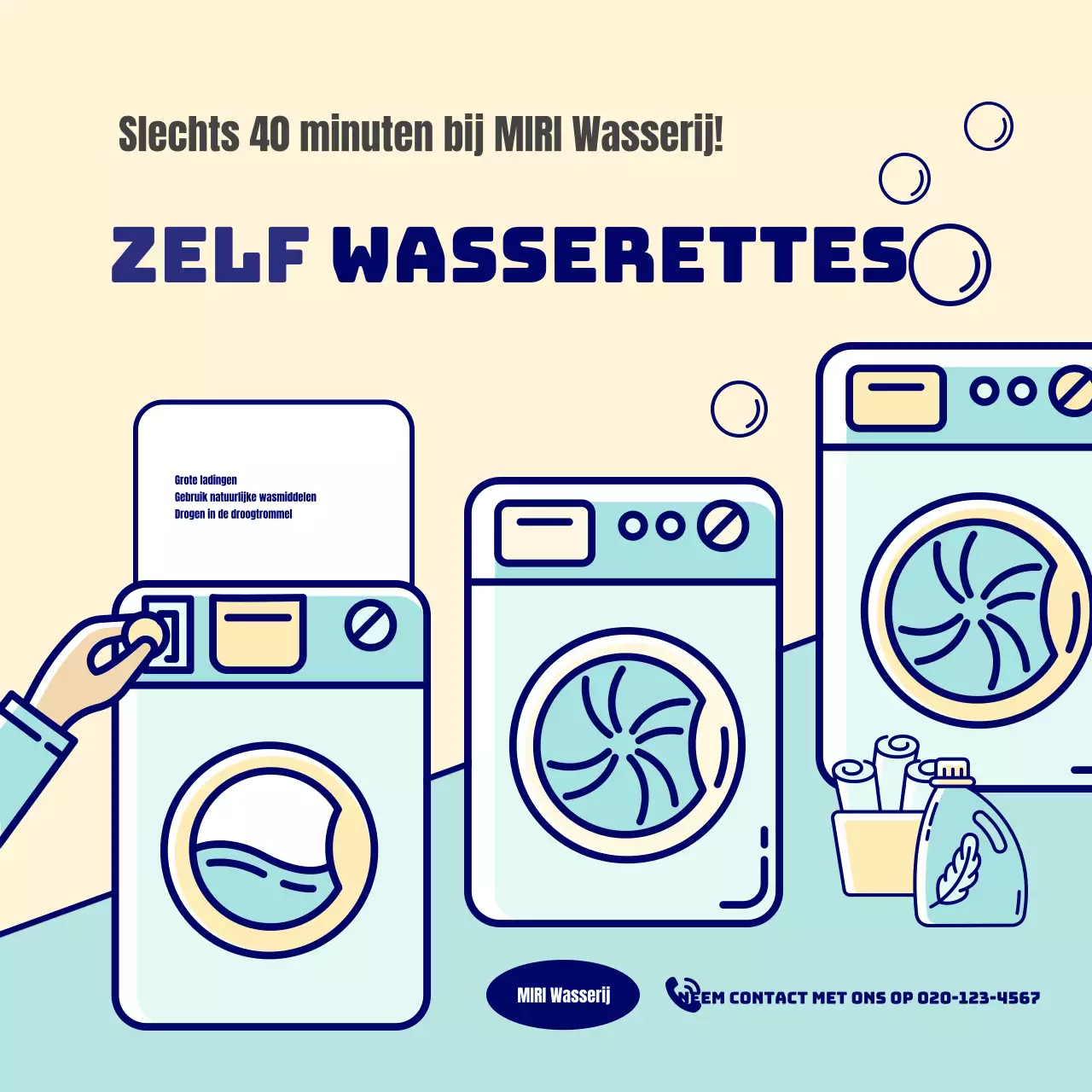 Een leuke zelfbedieningswasserette in geel en mint promoten
