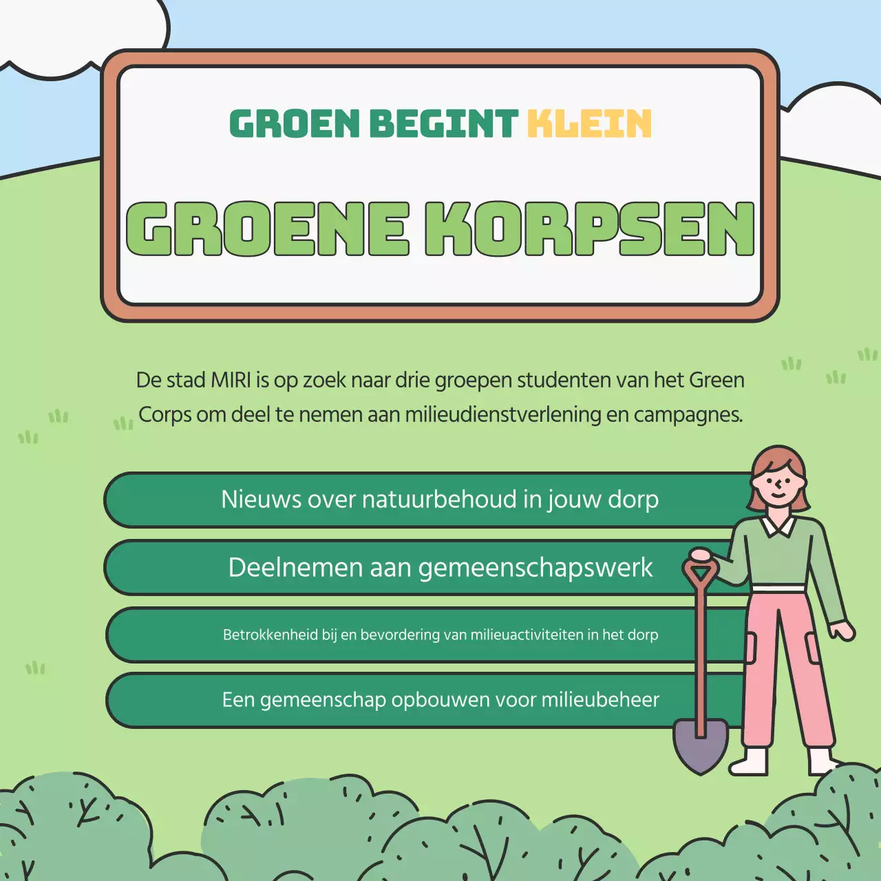 Bevorder de werving van groene en chartreuse gekleurde universitaire milieuvrijwilligers.