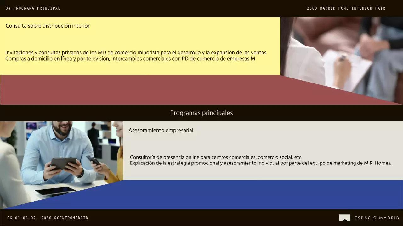 Promover la convocatoria de empresas para participar en la feria del interior moderno marrón y azul