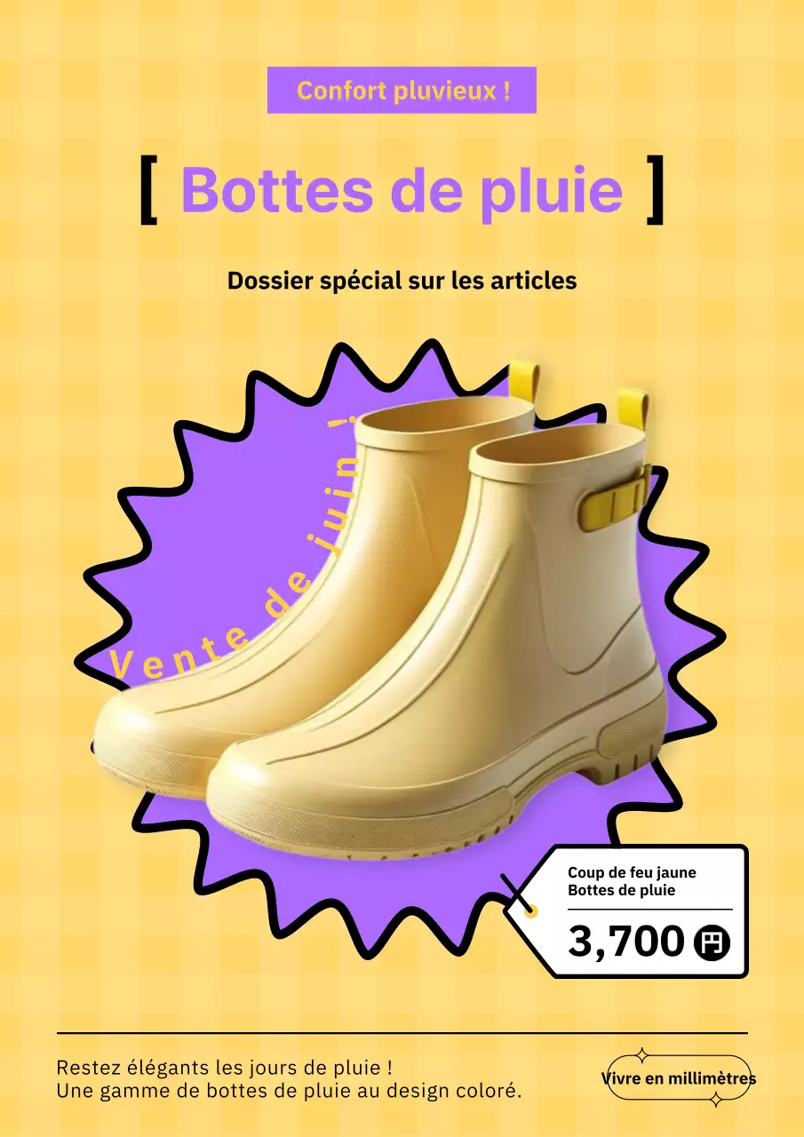 Publicité pour des bottes de pluie de saison estivale, jaune et violet.
