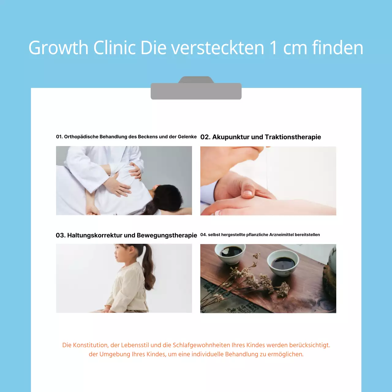 Werbung für eine einfache Klinik für Kinderwachstum nach chinesischer Medizin in Hellblau und Orange