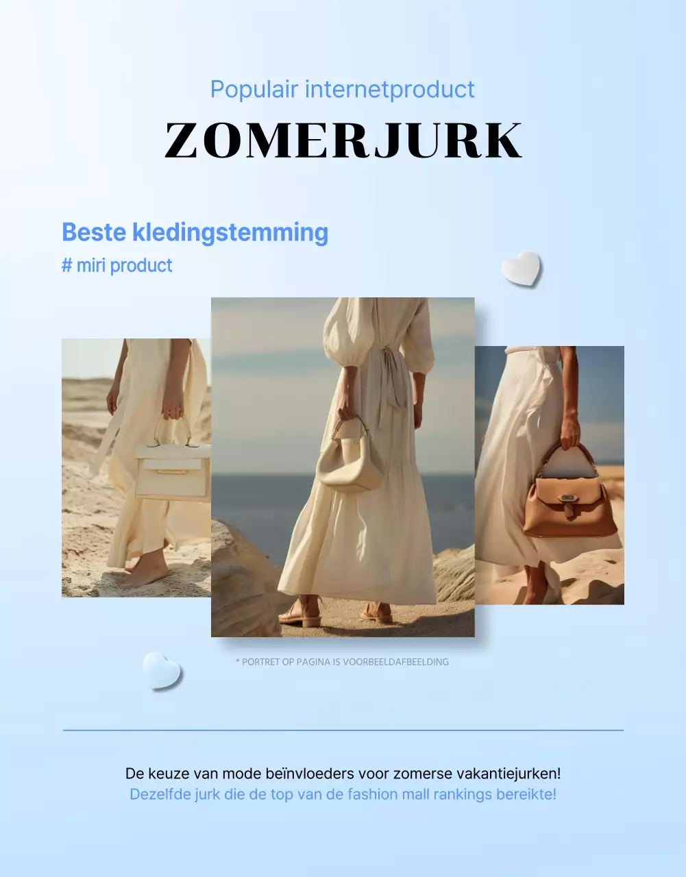 Moderne zomermodejurk in blauw en lichtblauwe reclame