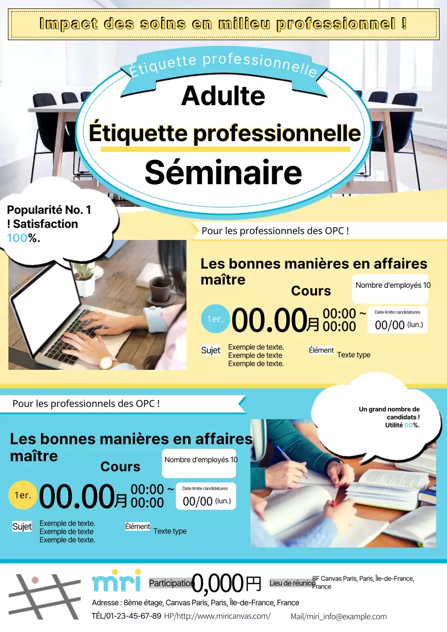 Annonce d'un séminaire sur l'étiquette des affaires, basique et moderne, en jaune et bleu clair