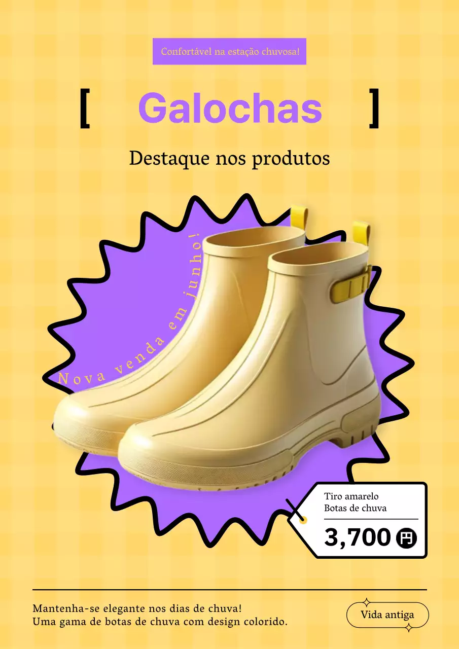 Anúncios de botas de chuva em pop art amarelo e roxo para a época das chuvas de verão.