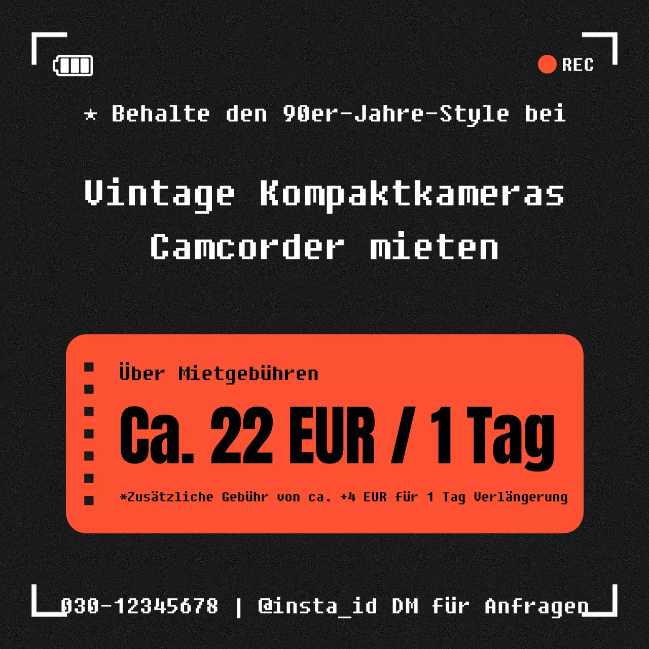 Vintage schwarz und orange Camcorder Vermietung Anzeige in schwarz und orange