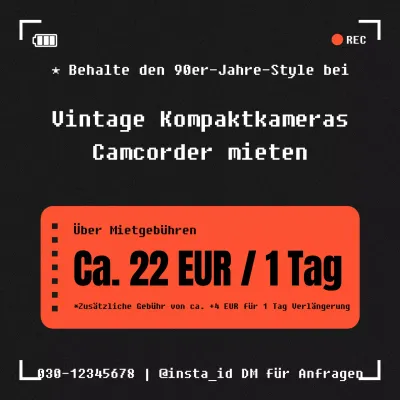 Vintage schwarz und orange Camcorder Vermietung Anzeige in schwarz und orange