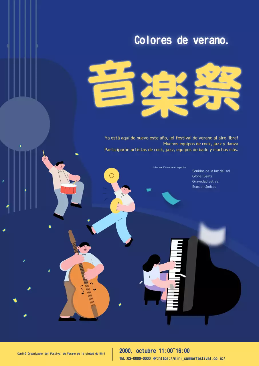 Anuncio de un precioso festival de verano amarillo y añil.