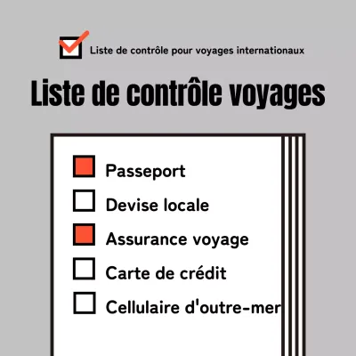 Un guide simple, gris et orange, des listes de contrôle pour les voyages internationaux