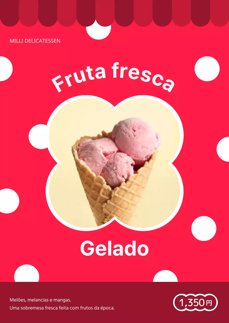 Publicidade de sobremesas de verão kitsch vermelhas e brancas