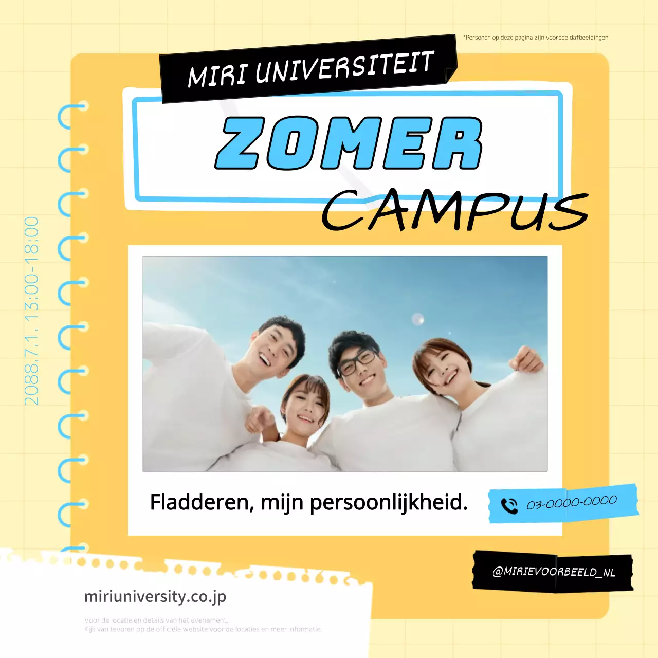 Promotie van een trendy open campus evenement van een universiteit in geel en lichtblauw.