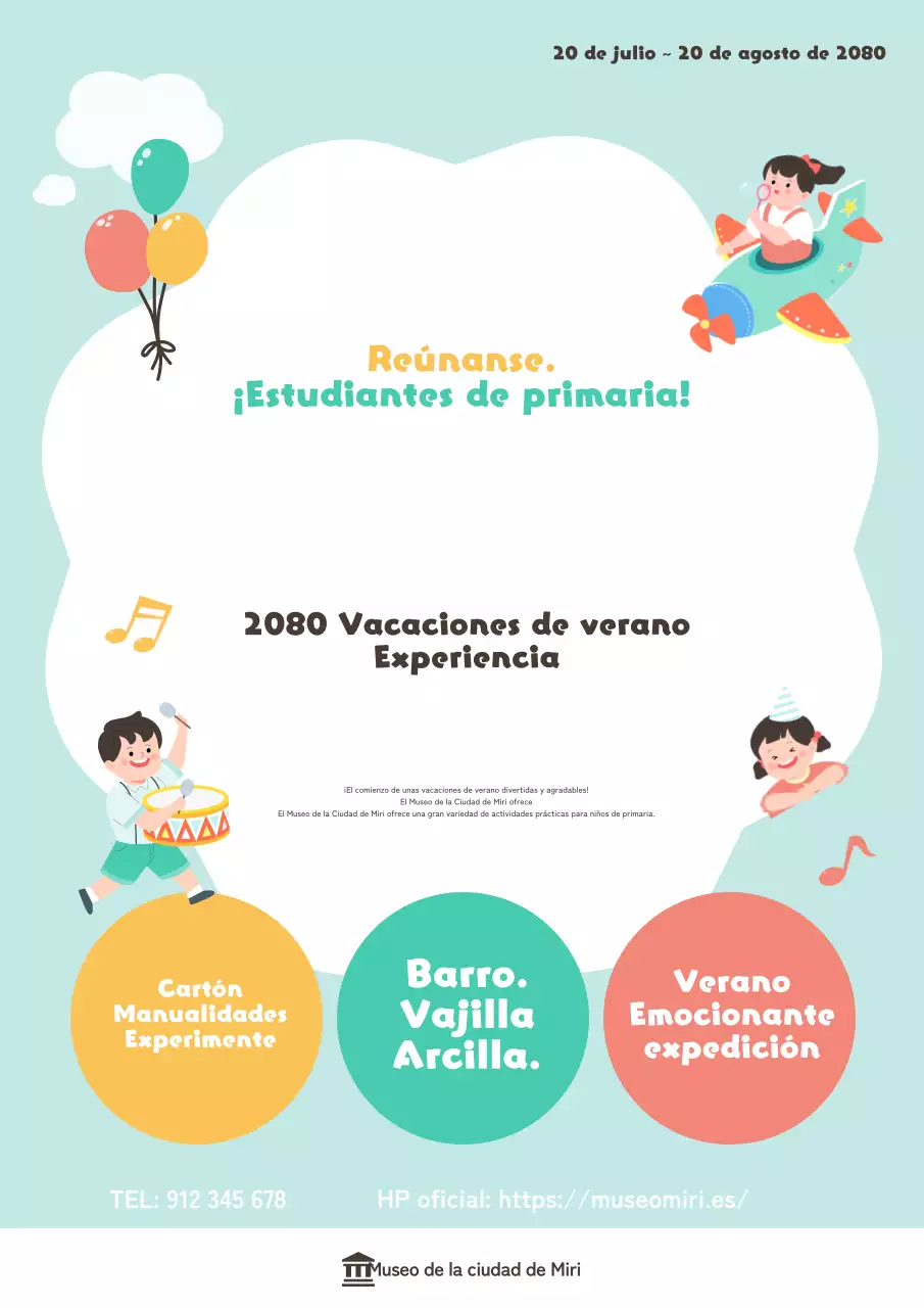 Un adorable folleto verde y amarillo para un evento infantil.