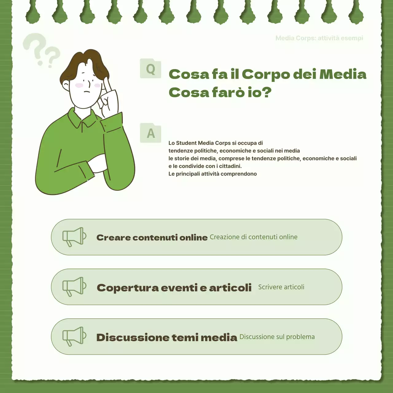 Semplice reclutamento di studenti giornalisti in verde e cachi