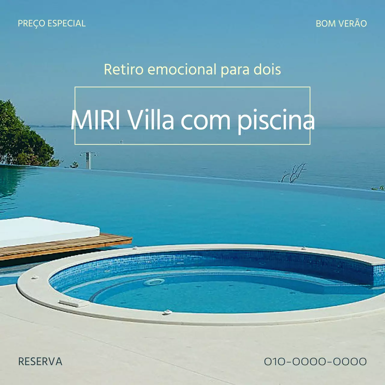 Anúncio de uma moradia moderna com piscina em azul claro e bege