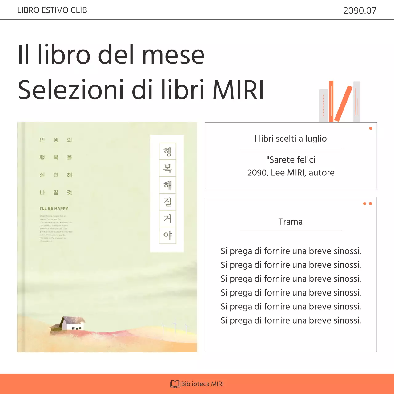 Promuovere un programma di sensibilizzazione per il club del libro della biblioteca in bianco e arancione kitsch