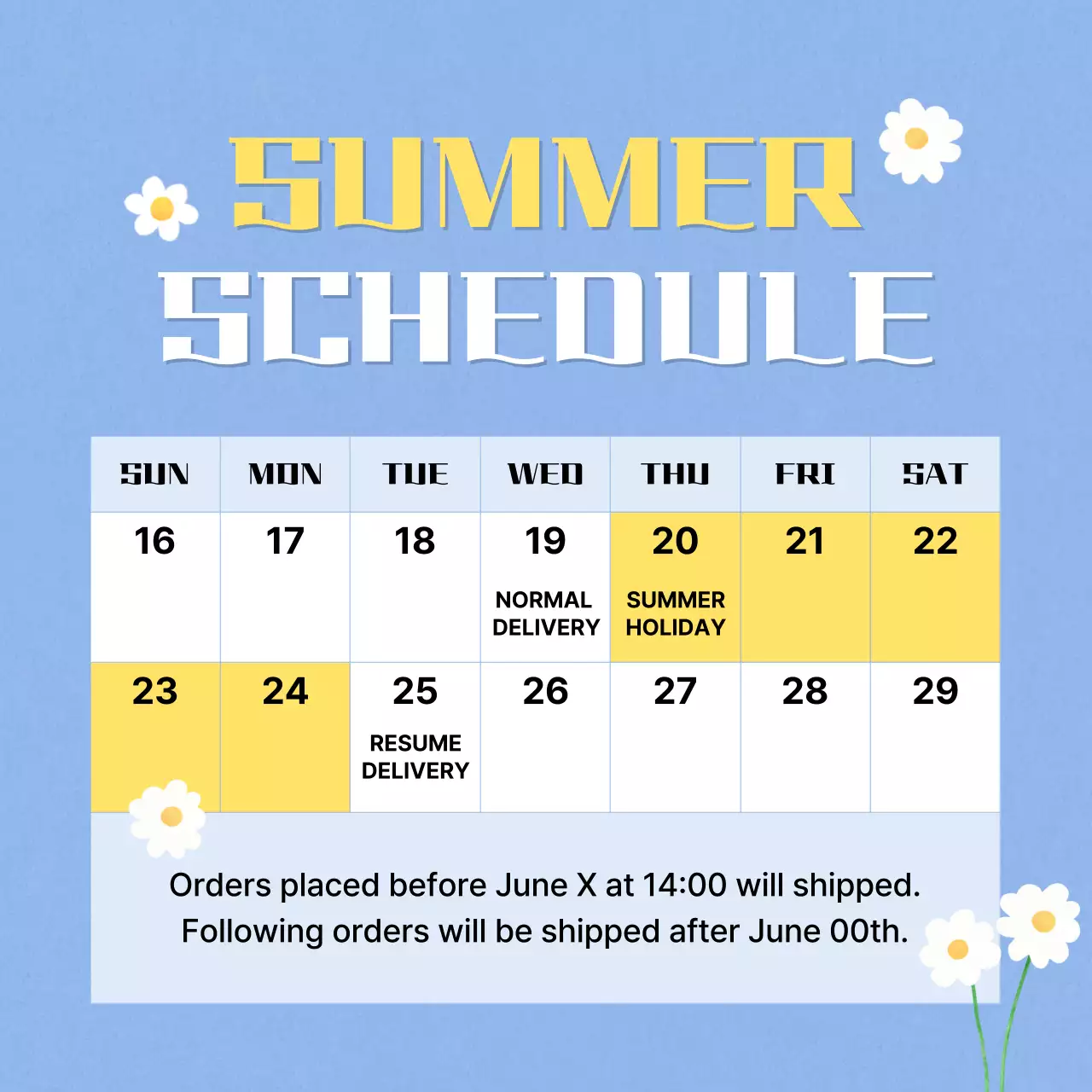 Summer vacation announcements in light blue and yellow