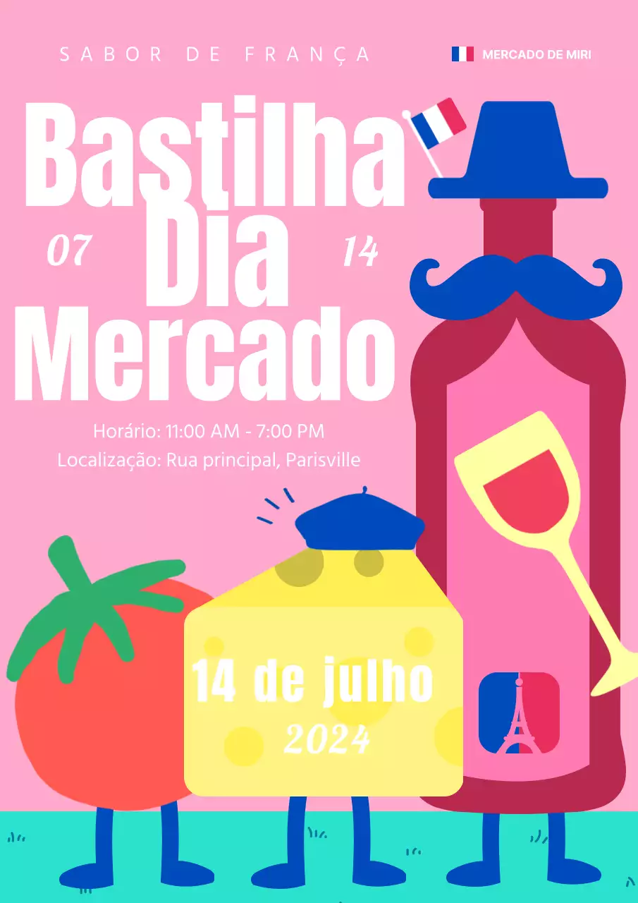Promover um evento de mercado kitsch do Dia da Revolução em azul e cor-de-rosa