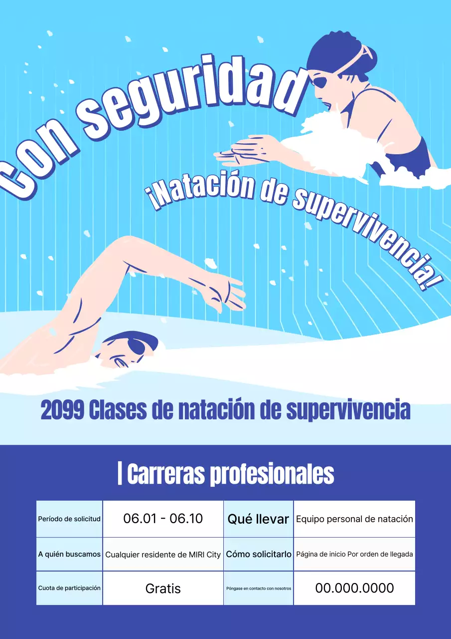 Promueva una sencilla lección de natación de supervivencia en azul y azul claro.