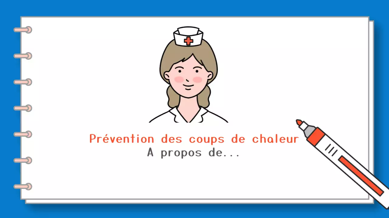 Un guide simple, en bleu et blanc, sur les symptômes et le traitement des coups de chaleur.