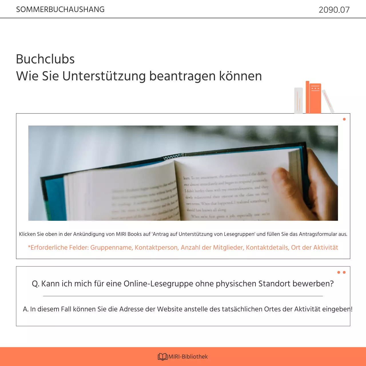 Förderung eines kitschigen orange-weißen Bibliotheksbuchklub-Programms