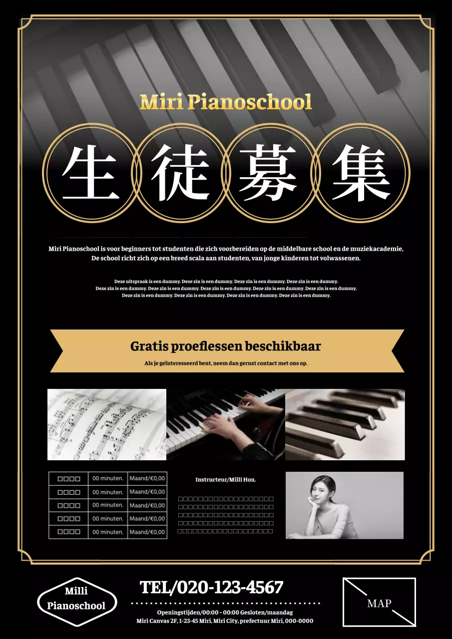 Strakke advertentie voor klassieke pianoklas in zwart