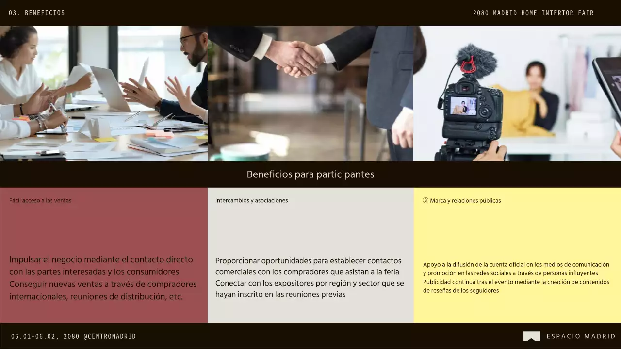 Promover la convocatoria de empresas para participar en la feria del interior moderno marrón y azul