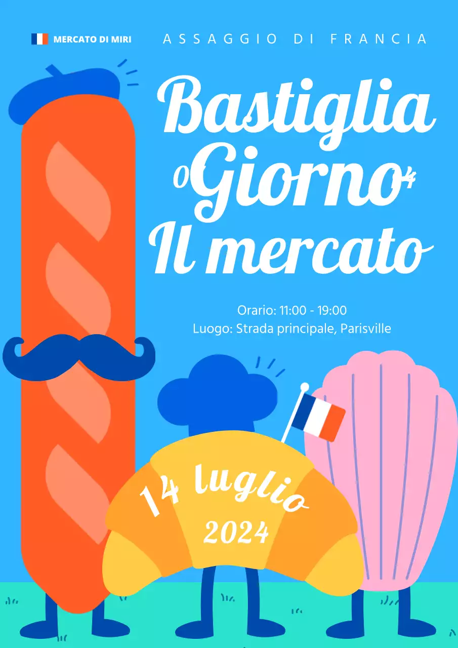 Promuovere un evento di mercato kitsch per il Giorno della Rivoluzione in blu e rosso.