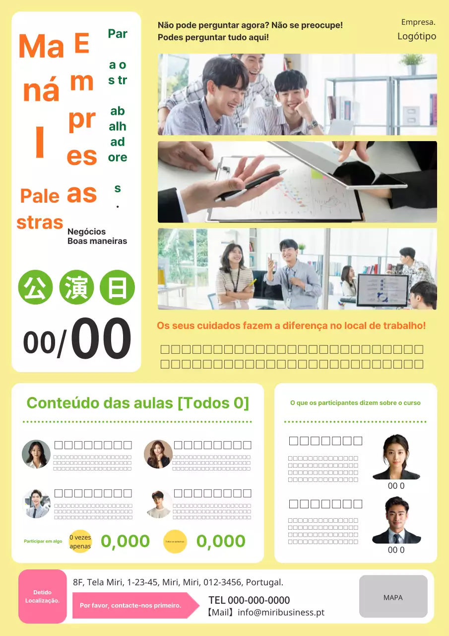 Um anúncio moderno e simples em amarelo e laranja para um curso de etiqueta empresarial.