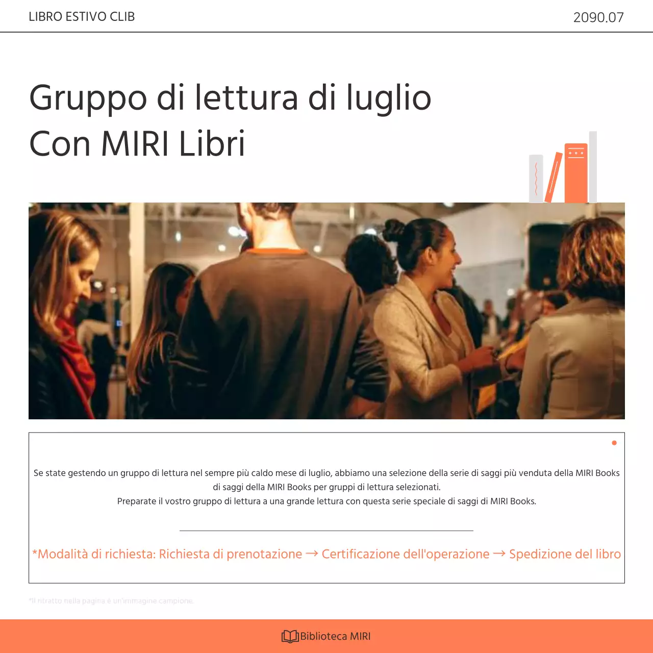 Promuovere un programma di sensibilizzazione per il club del libro della biblioteca in bianco e arancione kitsch