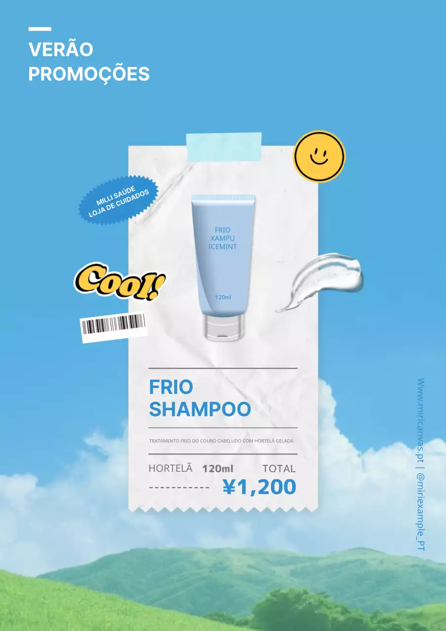 Publicidade a produtos simples de champô de verão em azul celeste e branco.