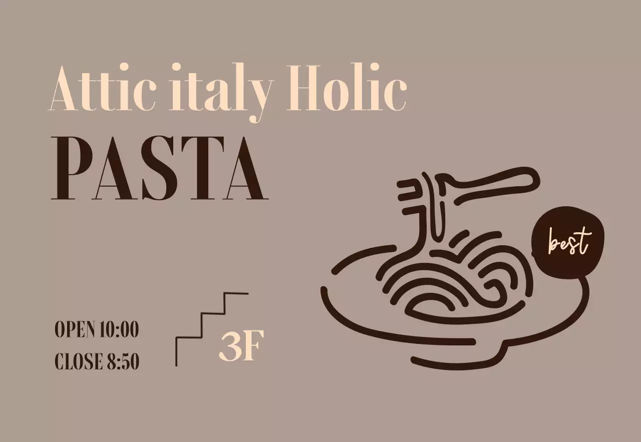 Desain papan nama dengan ilustrasi menu pasta gaya barat modern yang atmosferik