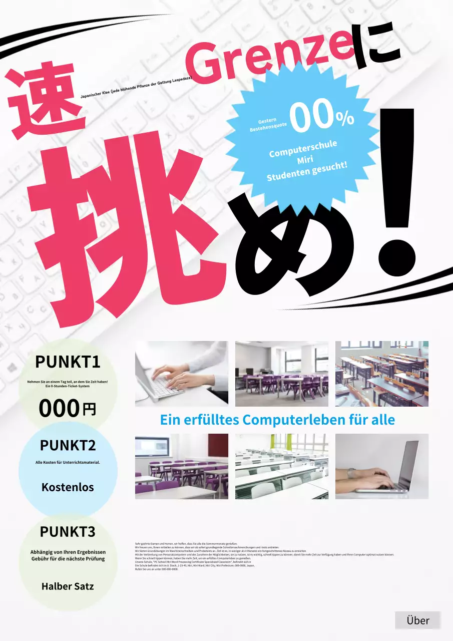 Anzeige für Computerschule betont pinke und weiße Grundlagen