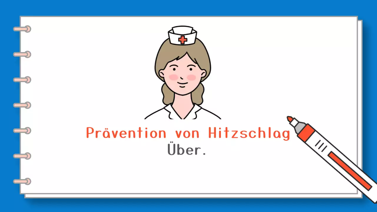 Ein einfacher blau-weißer Leitfaden über die Symptome und die Behandlung eines Hitzschlags.