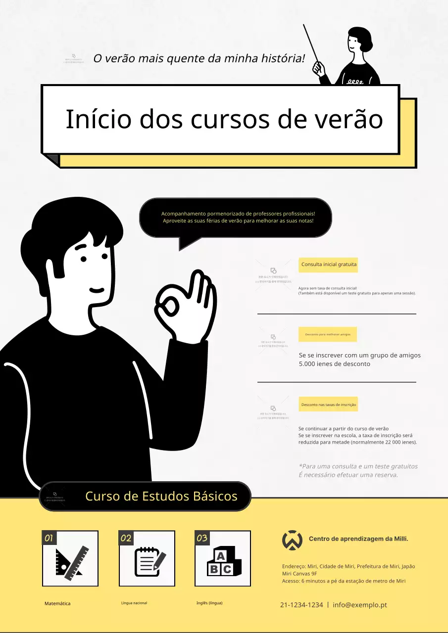 Promoção de um curso simples de férias de verão numa escola amarela e preta