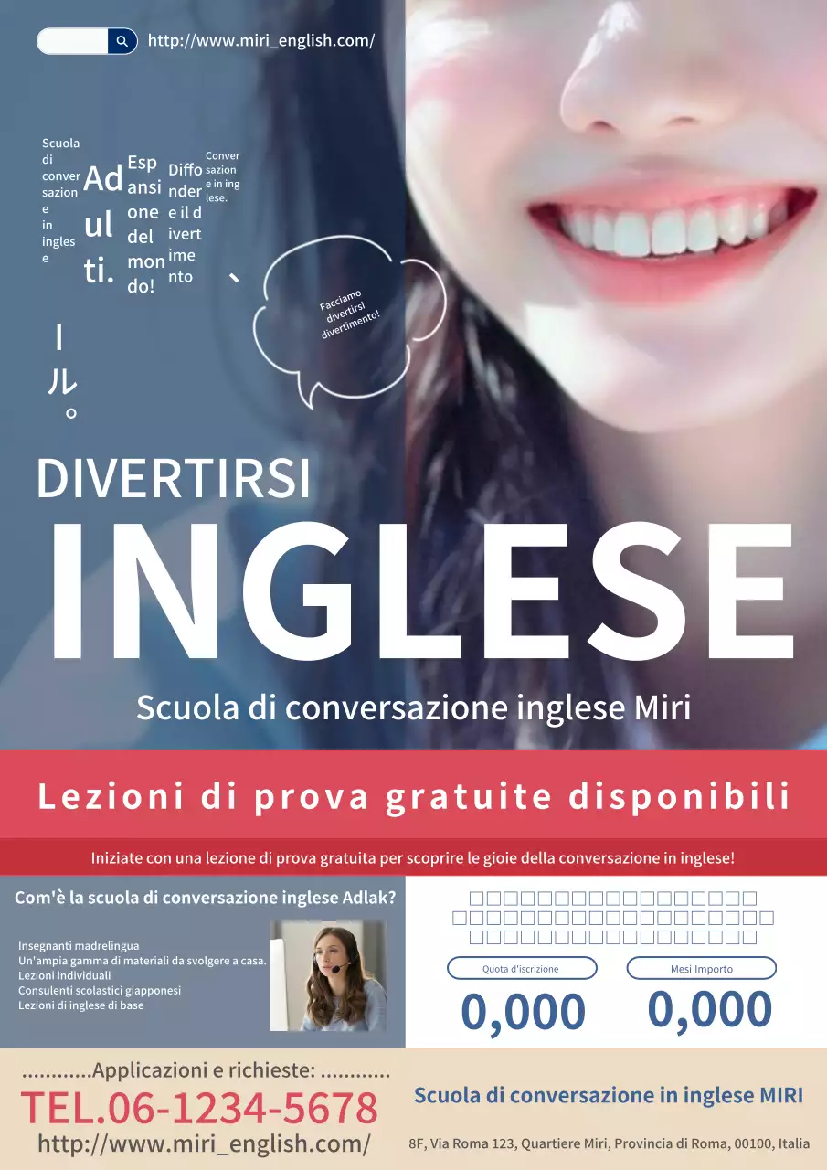 Una pubblicità moderna e sofisticata per una scuola di conversazione inglese nei colori navy e rosso.