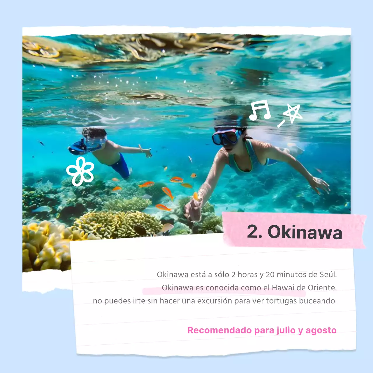 Un sencillo anuncio de un destino de verano en el extranjero en azul claro y rosa