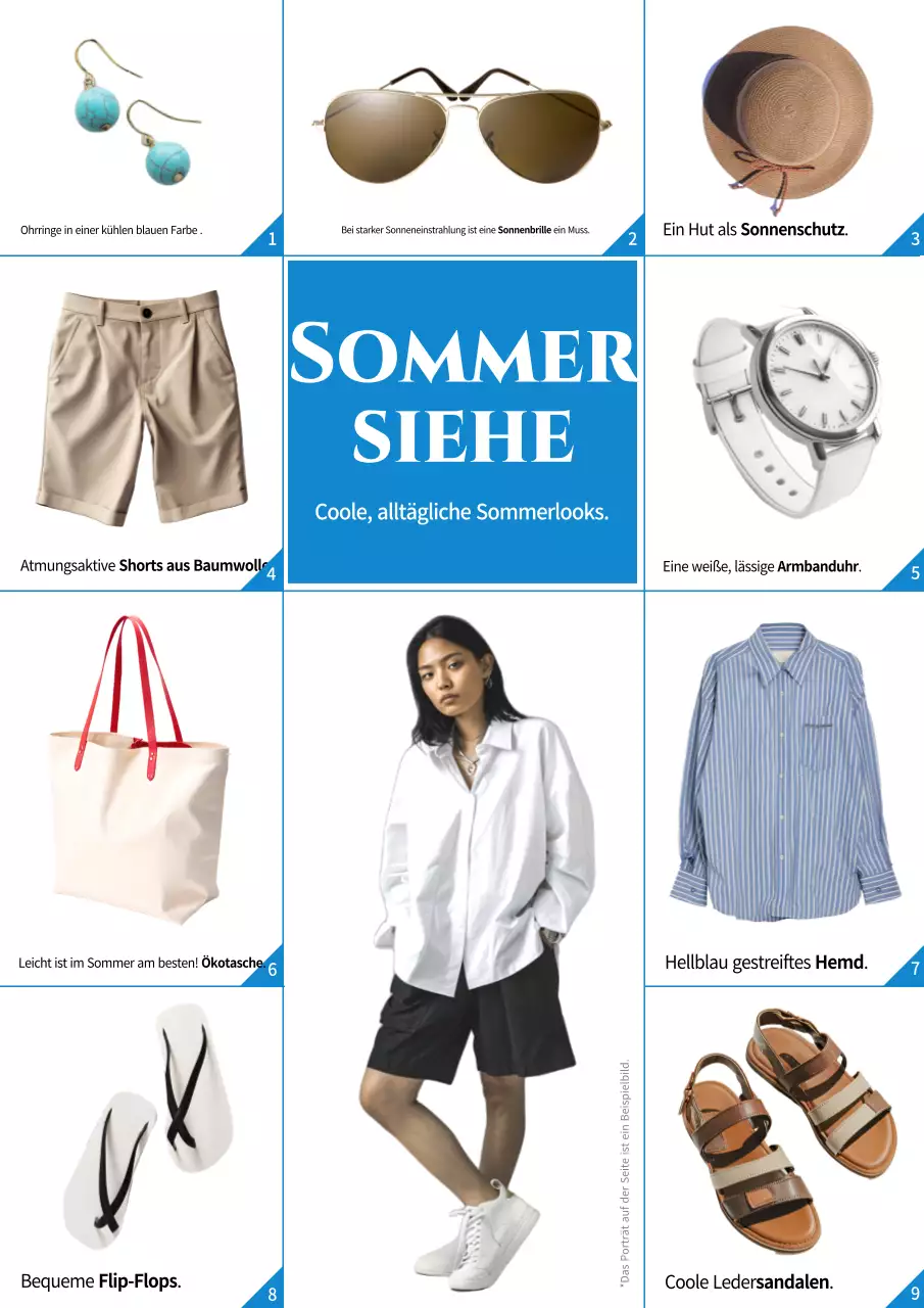 Eine Kollektion einfacher Sommeroutfits in Blau