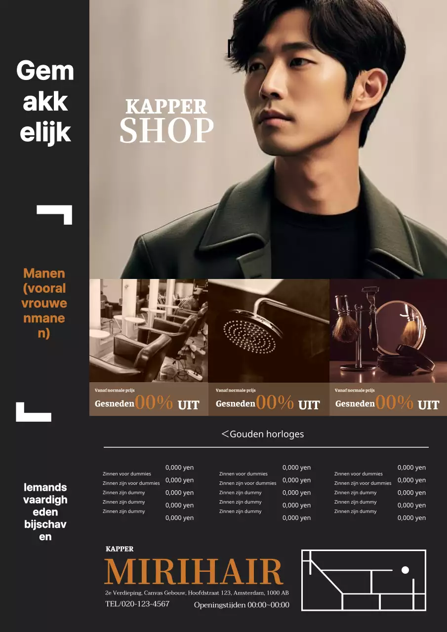 Eenvoudige en moderne herenkappersreclame in bruin en zwart