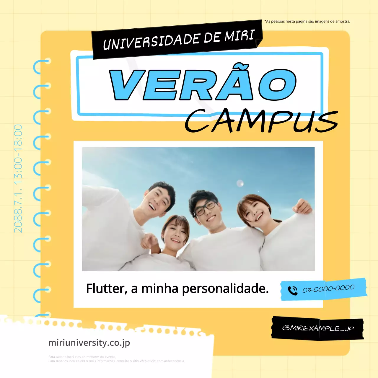 Promoção de um evento universitário moderno de campus aberto em amarelo e azul claro.