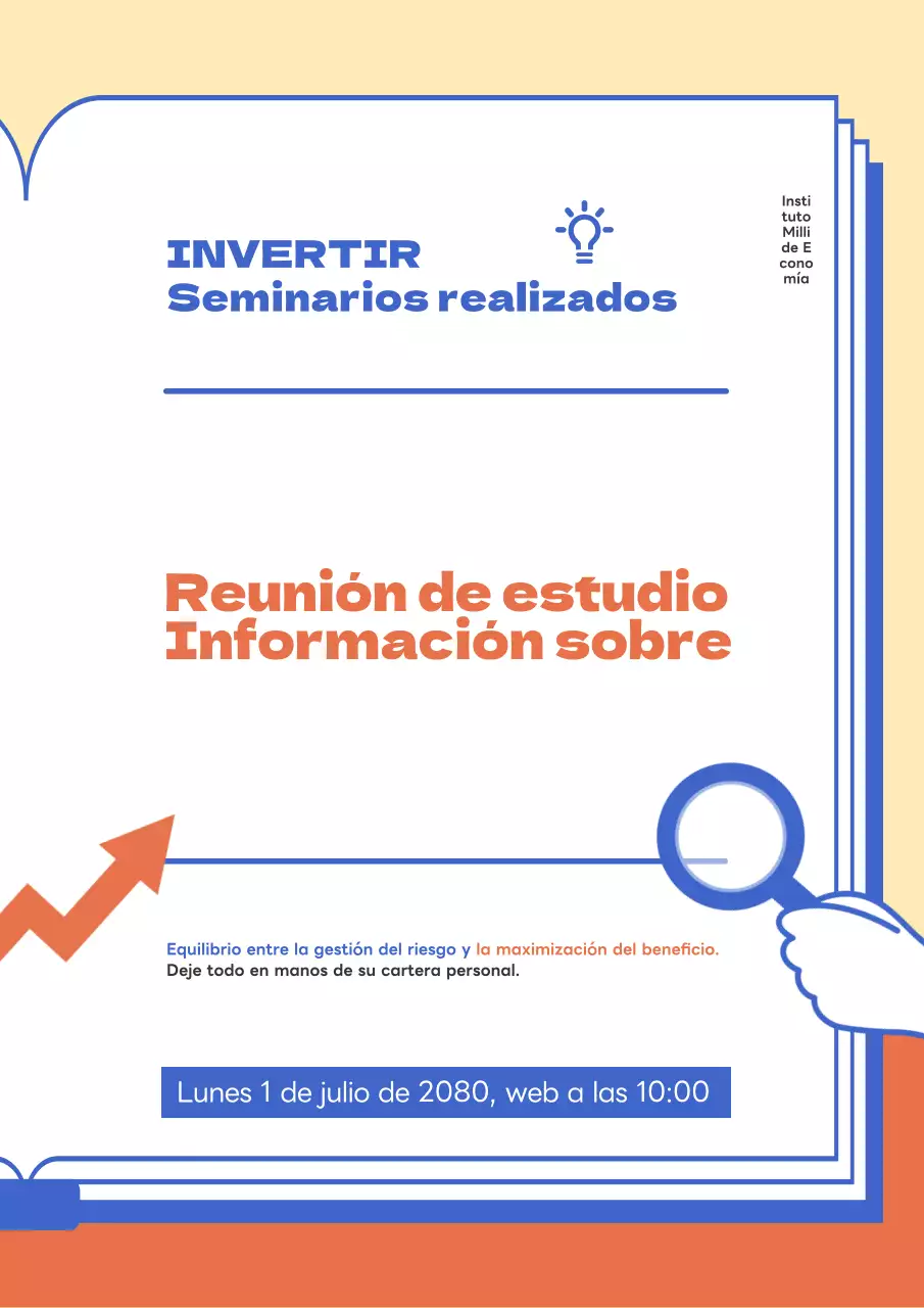 Folleto del seminario sobre la cartera de inversiones, en azul y naranja