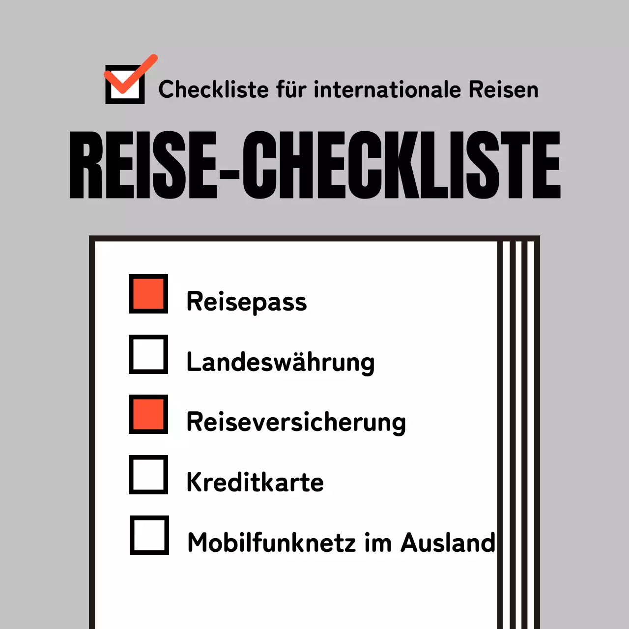 Ein einfacher grauer und oranger Leitfaden für internationale Reisechecklisten