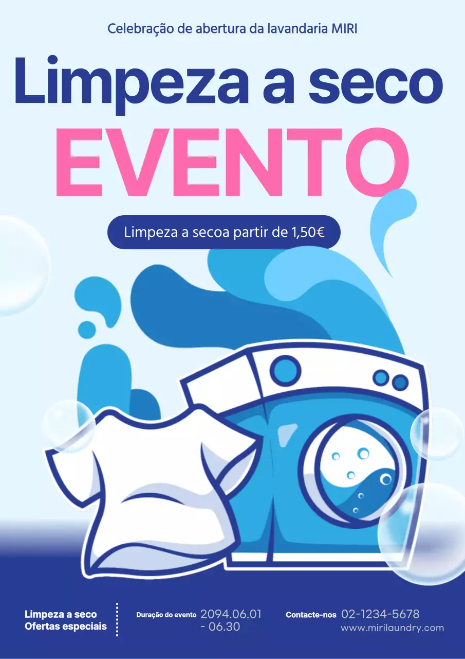 Promover descontos na limpeza a seco num esquema simples de cores rosa e azul claro