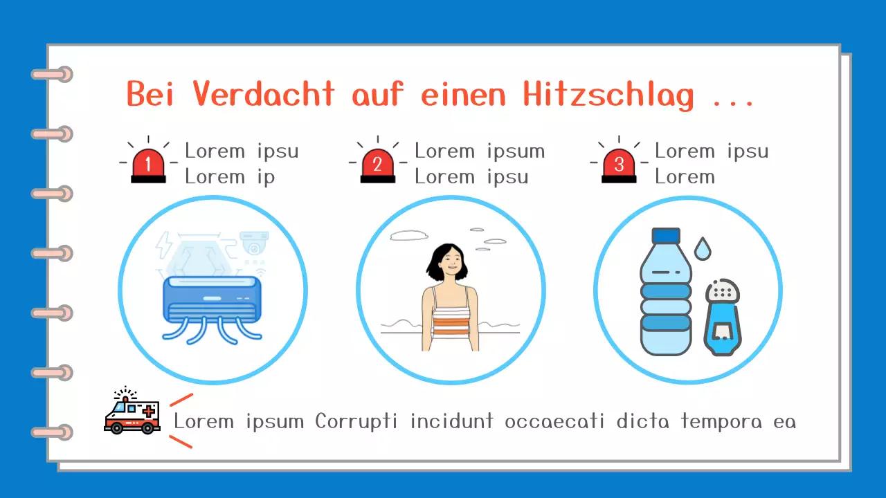 Ein einfacher blau-weißer Leitfaden über die Symptome und die Behandlung eines Hitzschlags.