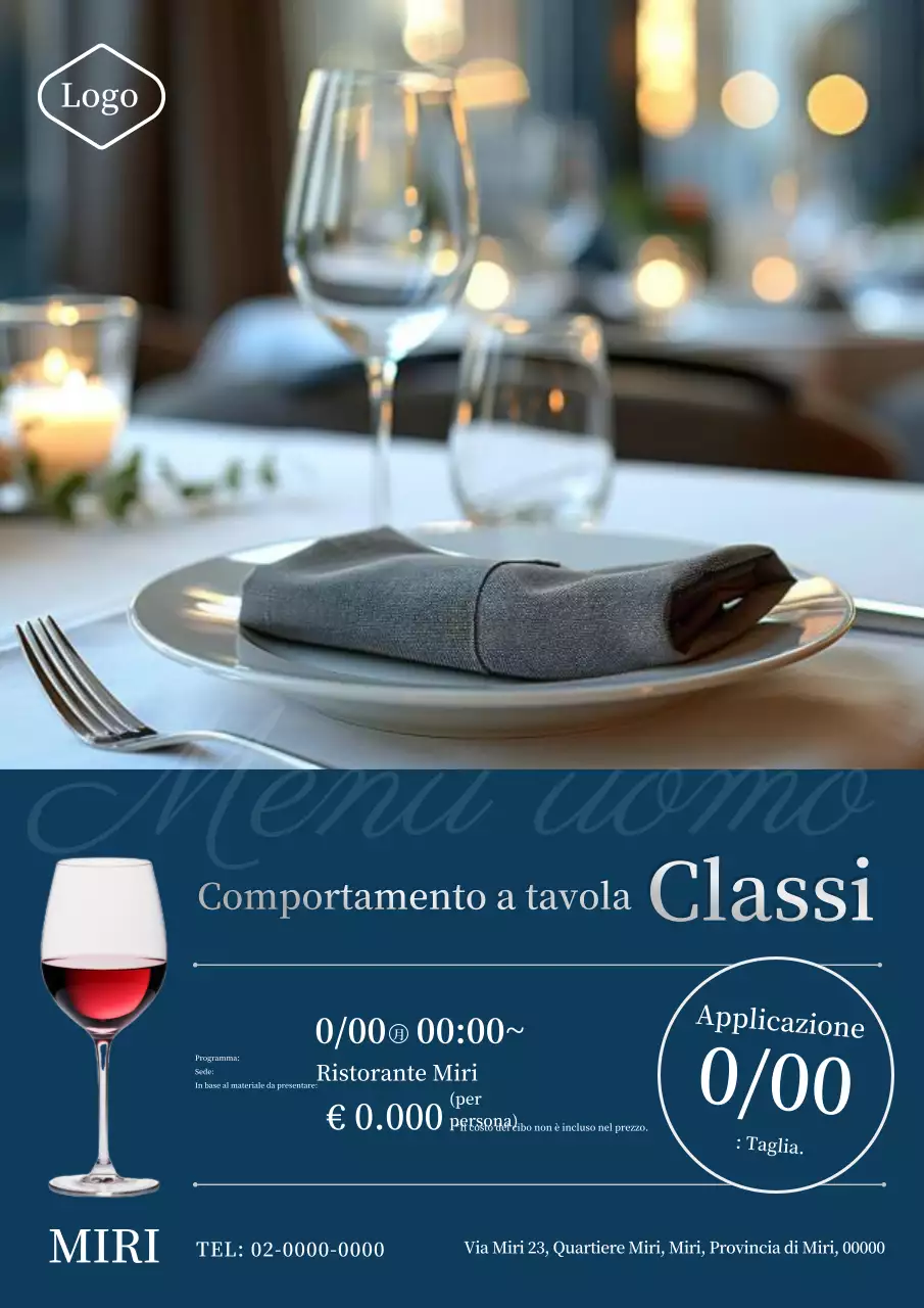 Pubblicità in aula per le buone maniere a tavola, elegante e classica, in blu