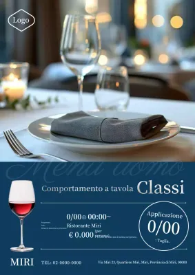 Pubblicità in aula per le buone maniere a tavola, elegante e classica, in blu