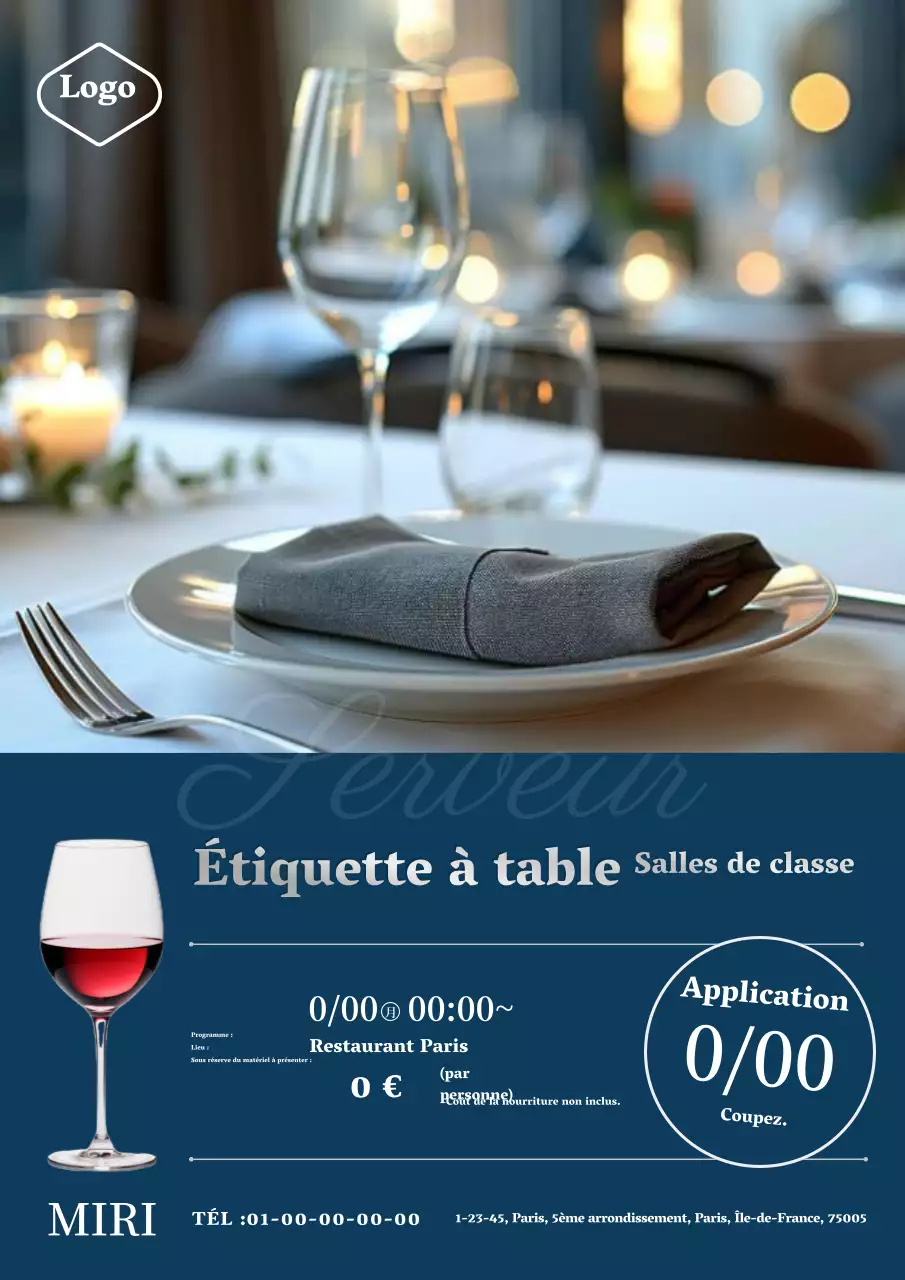 Publicité pour la salle de classe sur les bonnes manières à table, élégante et classique, en bleu