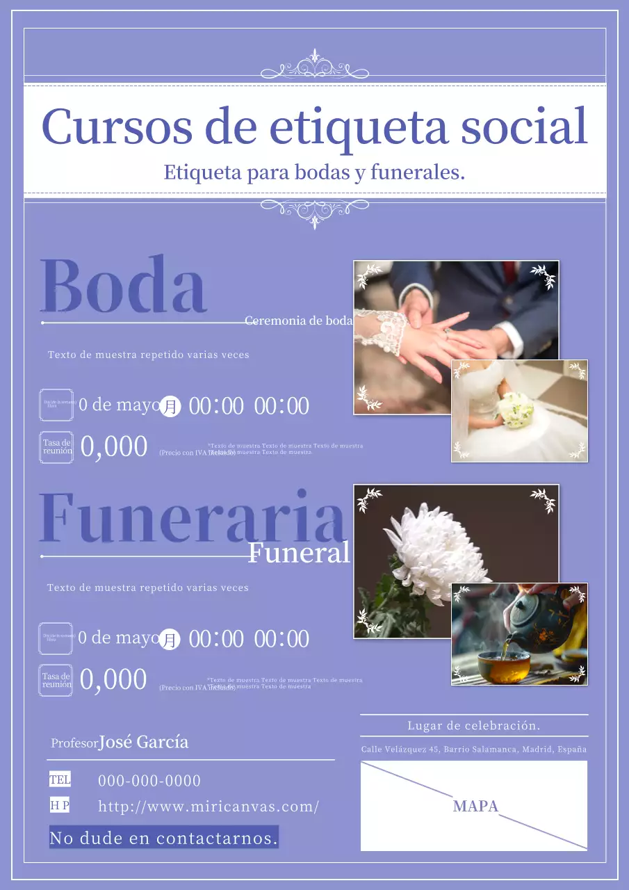 Anuncio de curso de modales clásicos y limpios en malva y lavanda